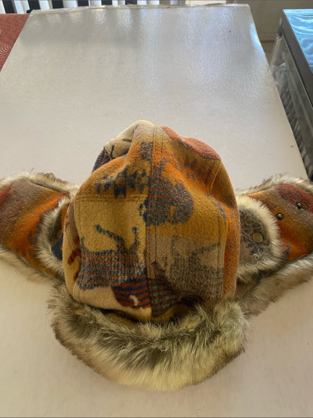 Pendleton Wool Trapper Hat Buffalo Western Faux Fur Ear Flaps Medium - Picture 9 of 11